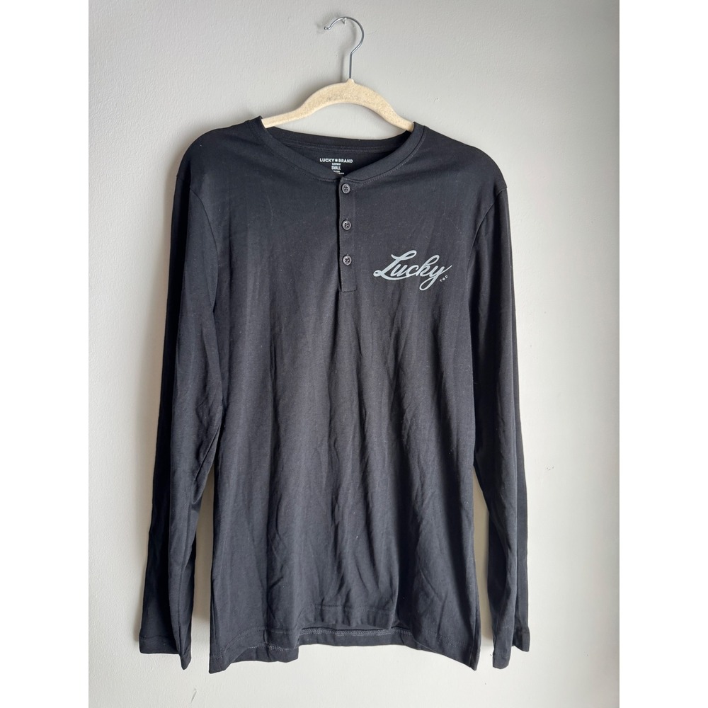 Lucky Brand Sleep Womens Black Henley Long Sleeve Sleep Top Script Logo Small